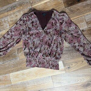 Halogen V-neck Women's Floral Blouse Top Small - Boho Faux Wrap - Warm Espresso